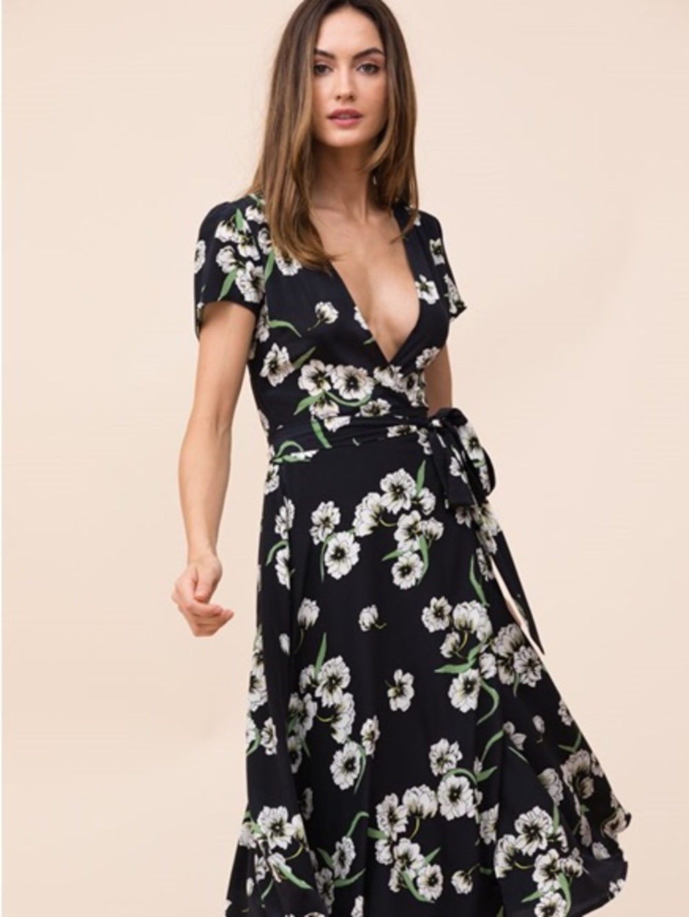 Yumi Kim Silk Black Floral Wrap Dress